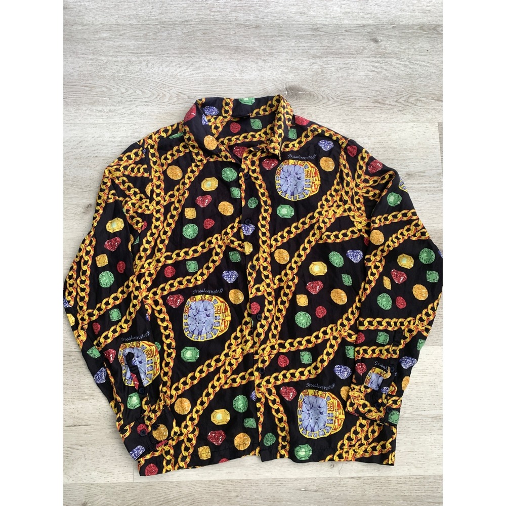 Sneakersnstuff SNS Gold Chain Gemstone Ring Print Button Down Shirt Black Small